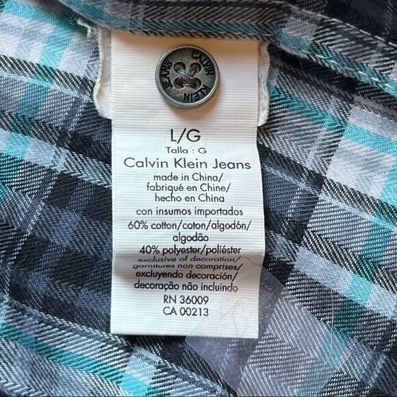 Calvin Klein Jeans button up western shirt plaid blue/black/white Large NWOT - Picture 6 of 9